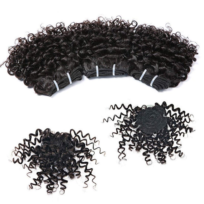 Aiokrtse Peruvian Virgin Hair Short Kinky Curly Human Hair Weave Bundles 3 Bundles 6 inches with 1 Small Closure 122 Grams Natural Colour - Image 1